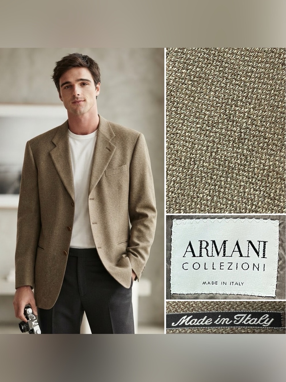 Armani Collezioni Men's 44L Beige Silk/Wool Hopsack Vintage 90s Blazer Jacket